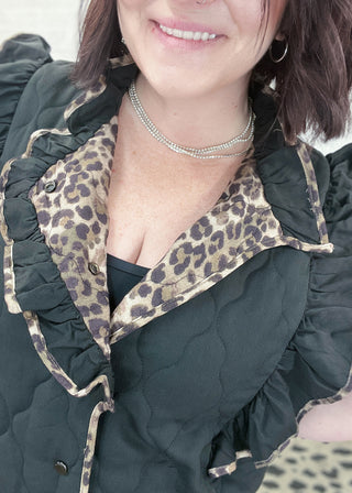Leopard Lined Quilted Ruffle Vest