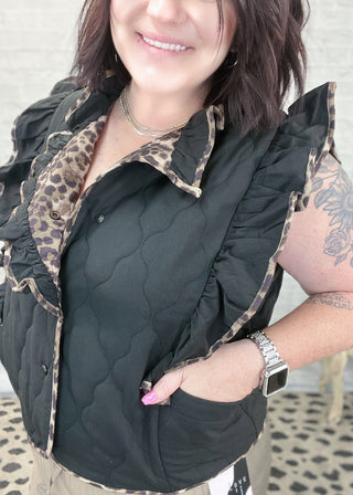 Leopard Lined Quilted Ruffle Vest
