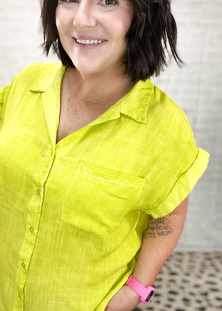 Lime Mineral Washed Collared V-Neck Button Down Top