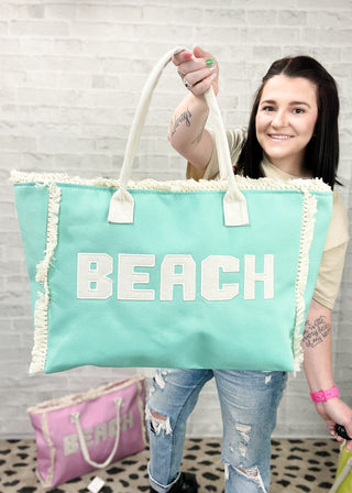 Mint Beach Embroidered Fringe Tote Bag