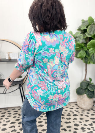 Mint Floral Wrinkle Free Liz Smock Top | S-3X