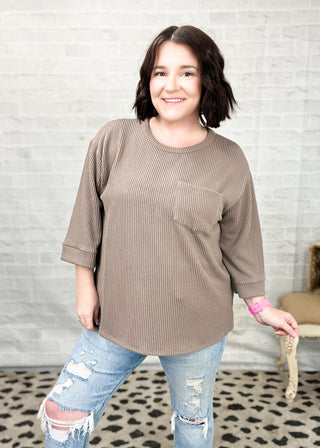 Mocha Curly Rib ¾ Sleeve Knit Top