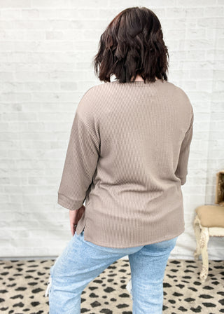 Mocha Curly Rib ¾ Sleeve Knit Top