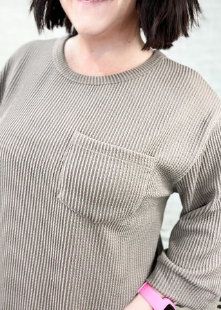 Mocha Curly Rib ¾ Sleeve Knit Top