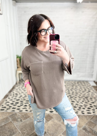 Mocha Curly Rib ¾ Sleeve Knit Top