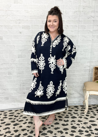 Navy Abstract Embroidered Midi Dress