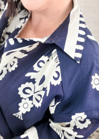 Navy Abstract Embroidered Midi Dress