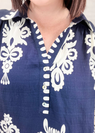 Navy Abstract Embroidered Midi Dress