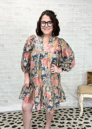 Navy Abstract Print Puff Sleeve Mini Dress