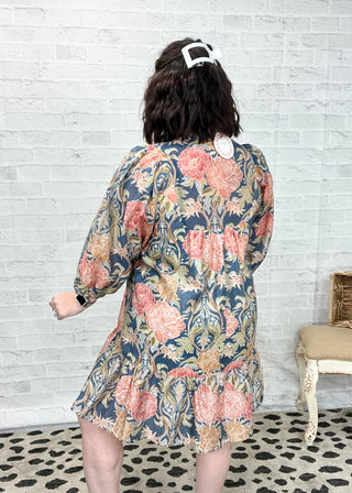 Navy Abstract Print Puff Sleeve Mini Dress