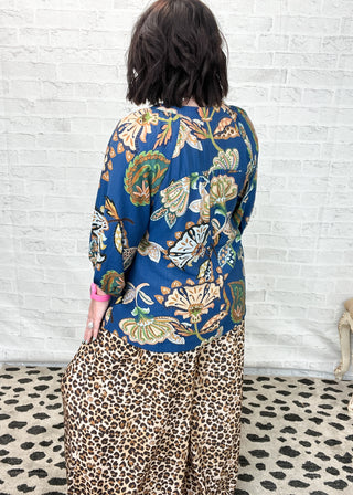 Navy Boho Paisley Puff Sleeve Blouse