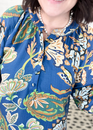 Navy Boho Paisley Puff Sleeve Blouse