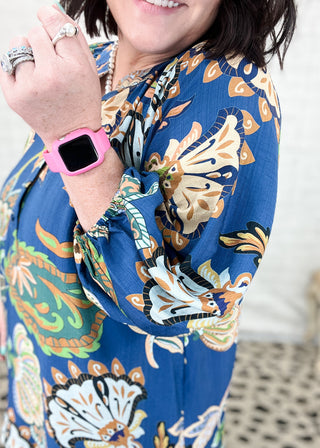 Navy Boho Paisley Puff Sleeve Blouse