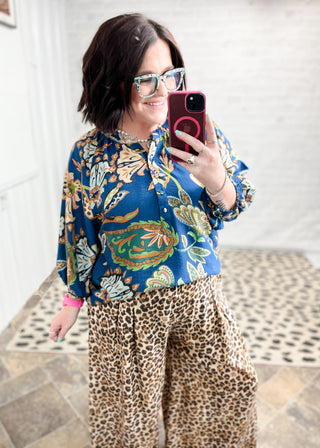 Navy Boho Paisley Puff Sleeve Blouse