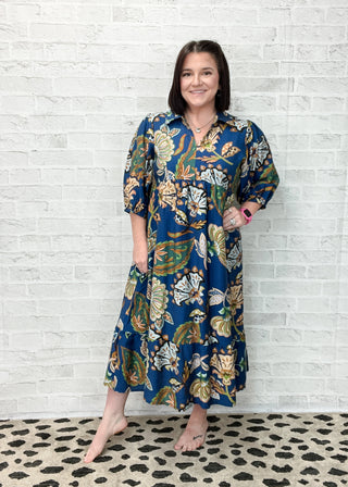 Navy Boho Paisley Tiered Midi Dress