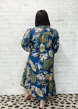 Navy Boho Paisley Tiered Midi Dress