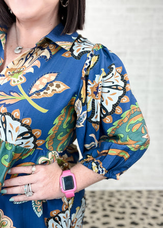 Navy Boho Paisley Tiered Midi Dress