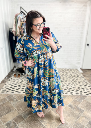 Navy Boho Paisley Tiered Midi Dress