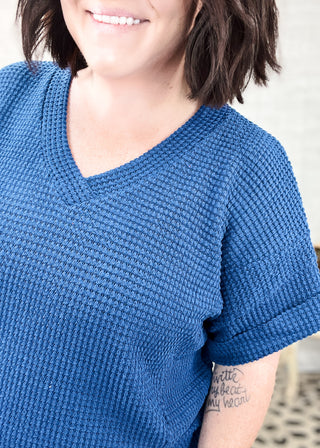 Navy Crochet V-Neck Sweater Top
