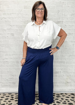 Navy Fold Over Wide Leg Solid Pants