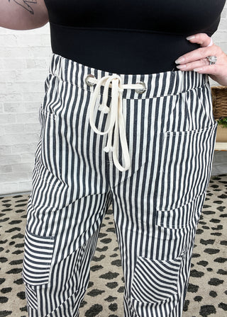 Navy Stripe Patchwork Barrel Leg Cropped Pants