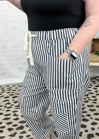 Navy Stripe Patchwork Barrel Leg Cropped Pants