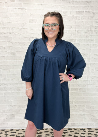 Navy Textured Puff Sleeve Babydoll Dress