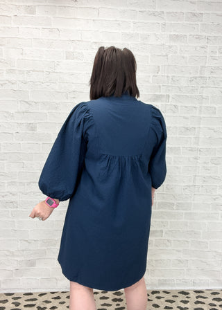 Navy Textured Puff Sleeve Babydoll Dress