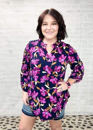 Navy & Magenta Floral Lizzy Wrinkle Free Top - ALL SALES FINAL -
