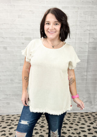 Oatmeal Linen Blend Short Sleeve Mixed Print Back Top