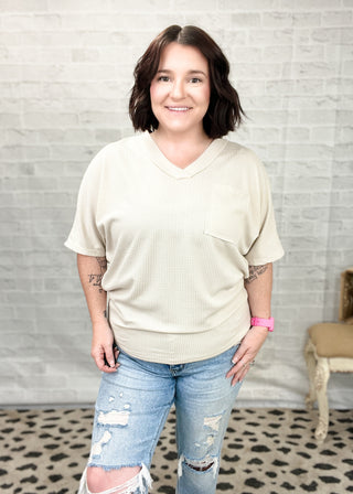 Oatmeal Waffle Knit Dolman Pocket Top