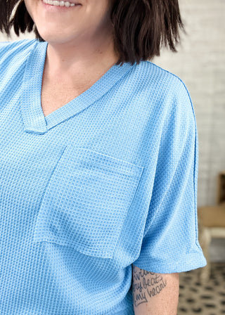 Ocean Blue Waffle Knit Dolman Pocket Top