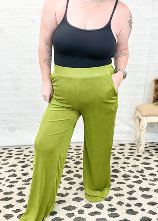 Olive Acetate Slinky Wide Leg Pants