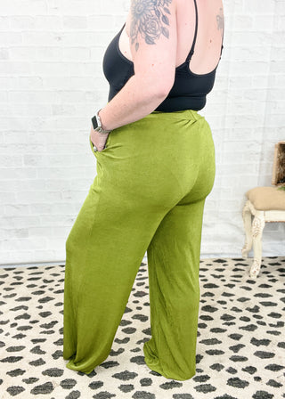 Olive Acetate Slinky Wide Leg Pants