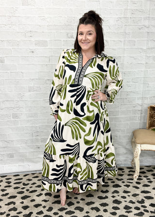 Olive Boho Leafy Print Maxi Dress