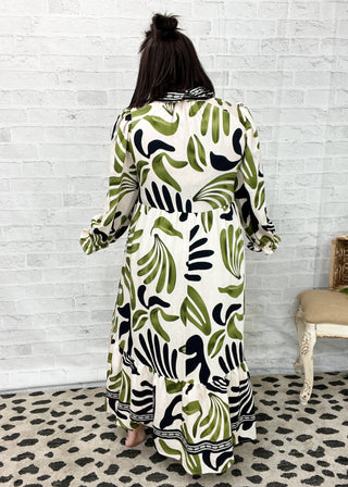 Olive Boho Leafy Print Maxi Dress