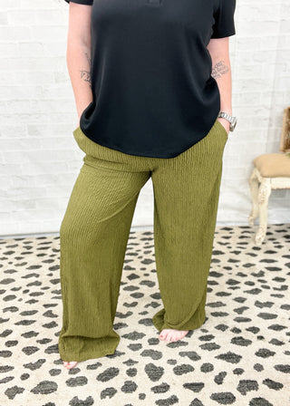 Olive Crinkle Wide Leg Pants