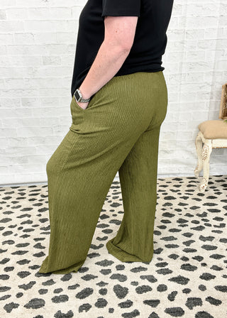 Olive Crinkle Wide Leg Pants