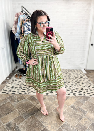 Olive Mix Aztec Print Babydoll Dress