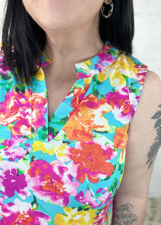 Orange & Aqua Watercolor Floral Sleeveless Lizzy Top | S-3X