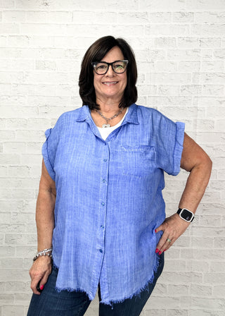 Orchid Blue Mineral Washed Collared V-Neck Button Down Top