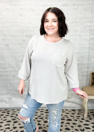 Pearl Grey Curly Rib ¾ Sleeve Knit Top