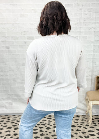 Pearl Grey Curly Rib ¾ Sleeve Knit Top
