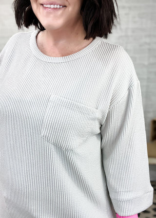 Pearl Grey Curly Rib ¾ Sleeve Knit Top