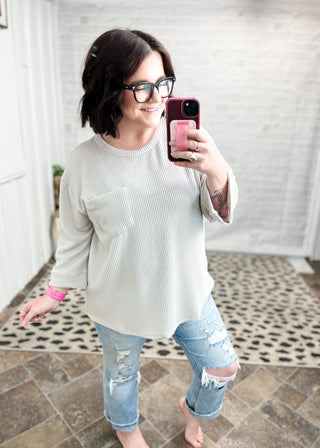 Pearl Grey Curly Rib ¾ Sleeve Knit Top