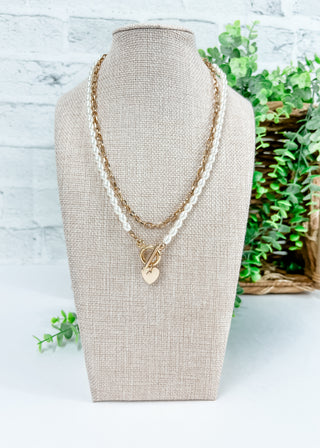 Pearl Metal Chain Toggle Clasp Heart Pendant Necklace