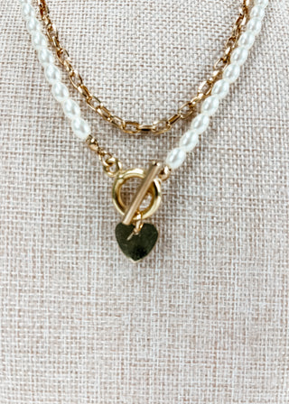 Pearl Metal Chain Toggle Clasp Heart Pendant Necklace