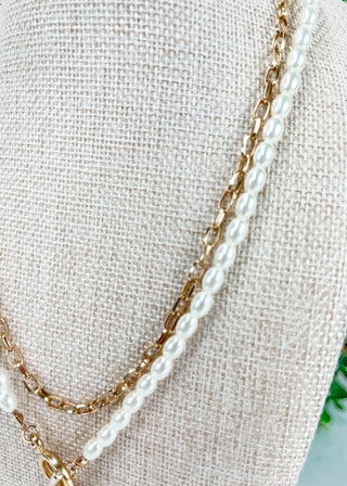 Pearl Metal Chain Toggle Clasp Heart Pendant Necklace