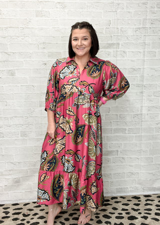 Pink Boho Paisley Tiered Midi Dress
