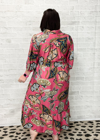 Pink Boho Paisley Tiered Midi Dress